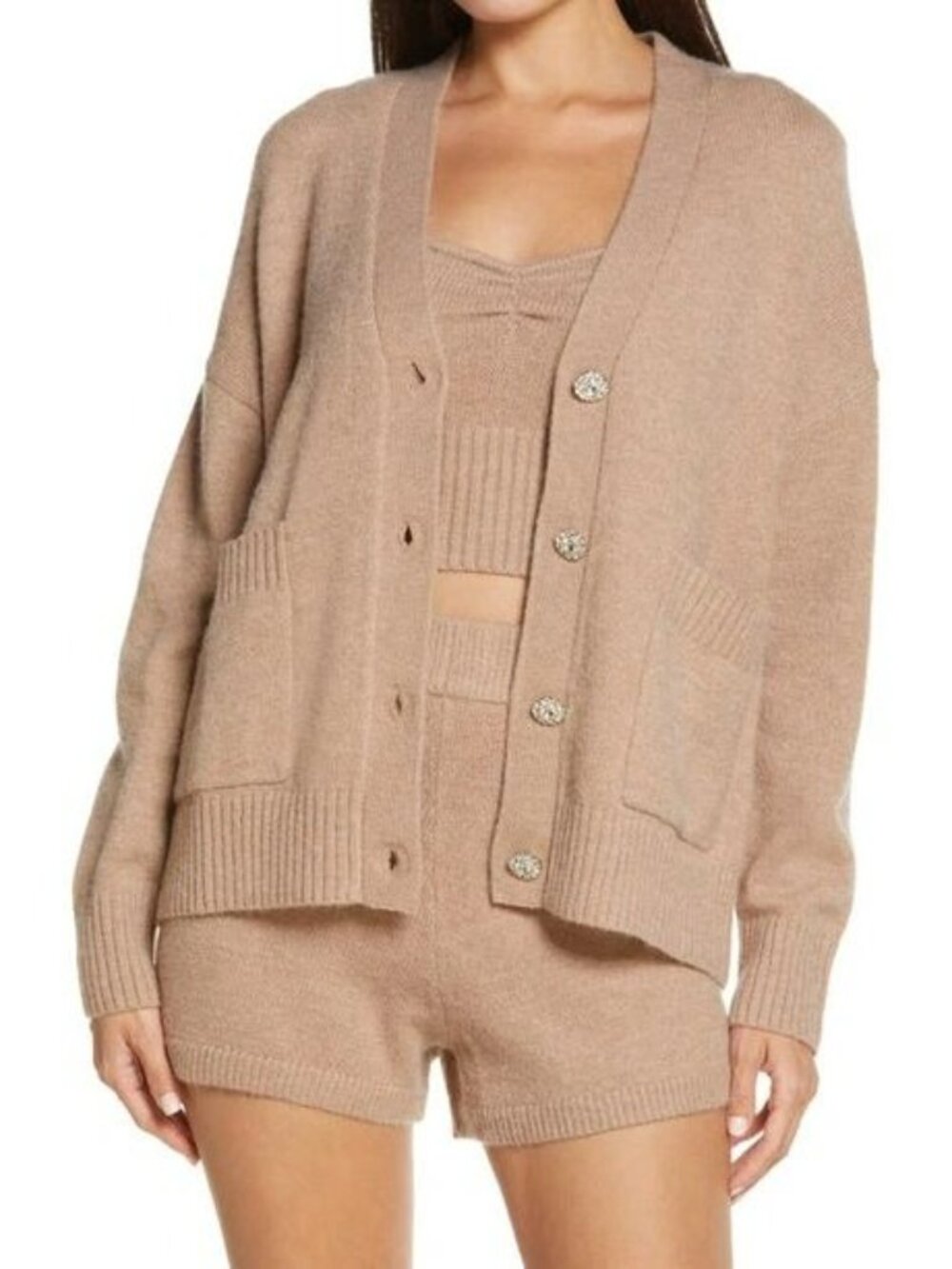 Witty Fox Tan Rhinestone Button Oversized Cardigan XS